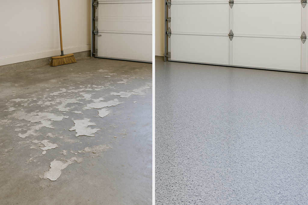 Left: a coating failing from poor prep. Right: the same kind of floor, prepped and coated properly.