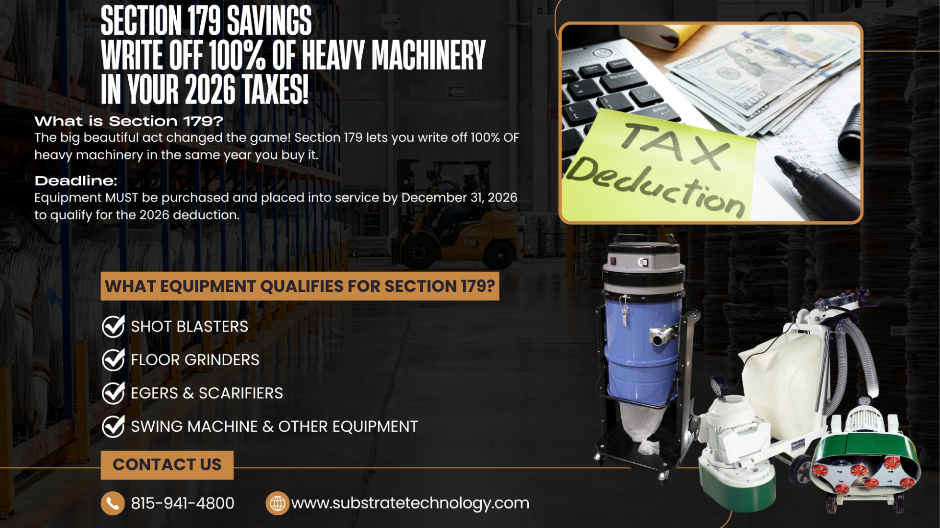 Section 179 Savings!  Write off 100% of Heavy Machinery in your 2026 Taxes!